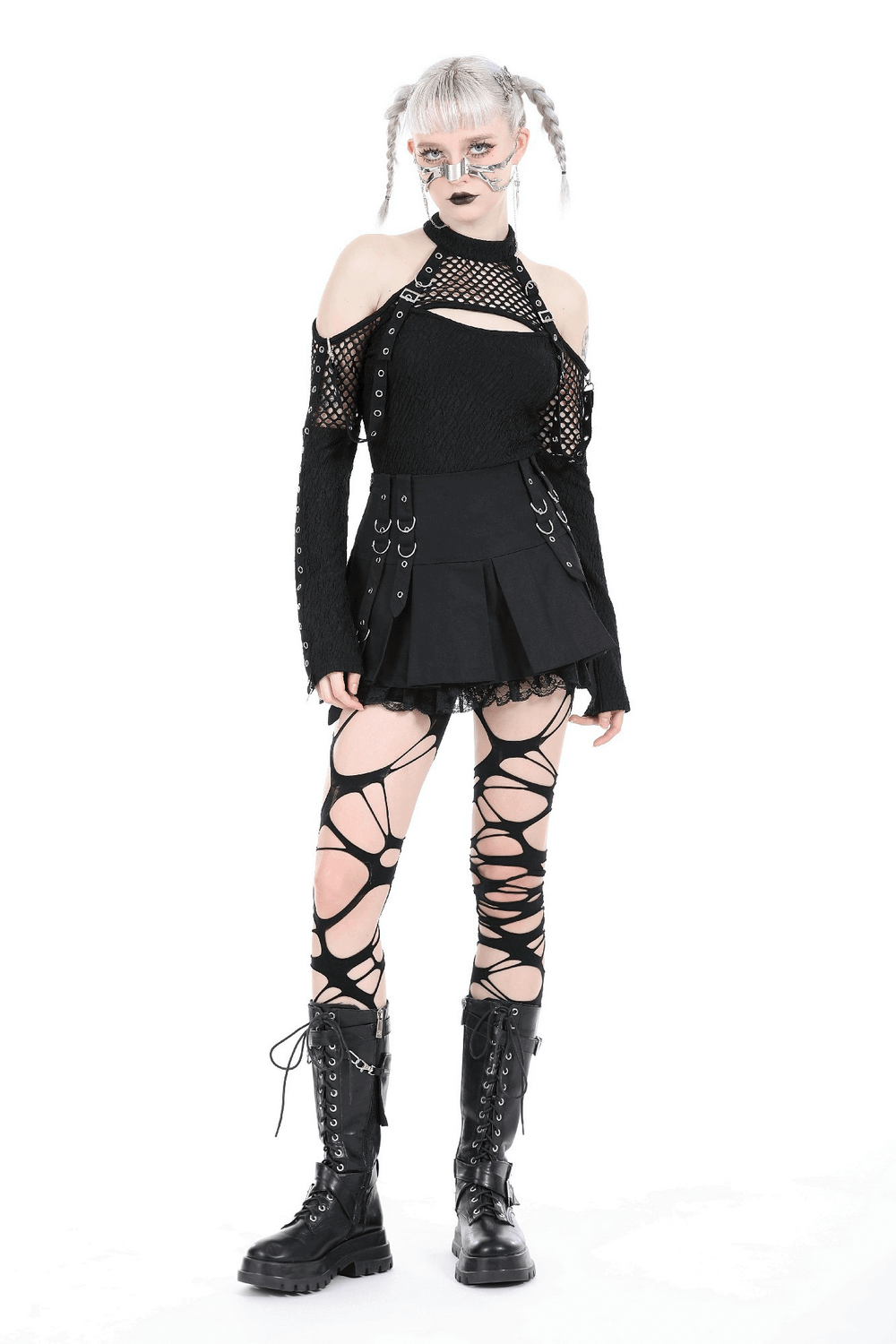 Punk Women's Mini Skirt with Lace Trim and O-Rings