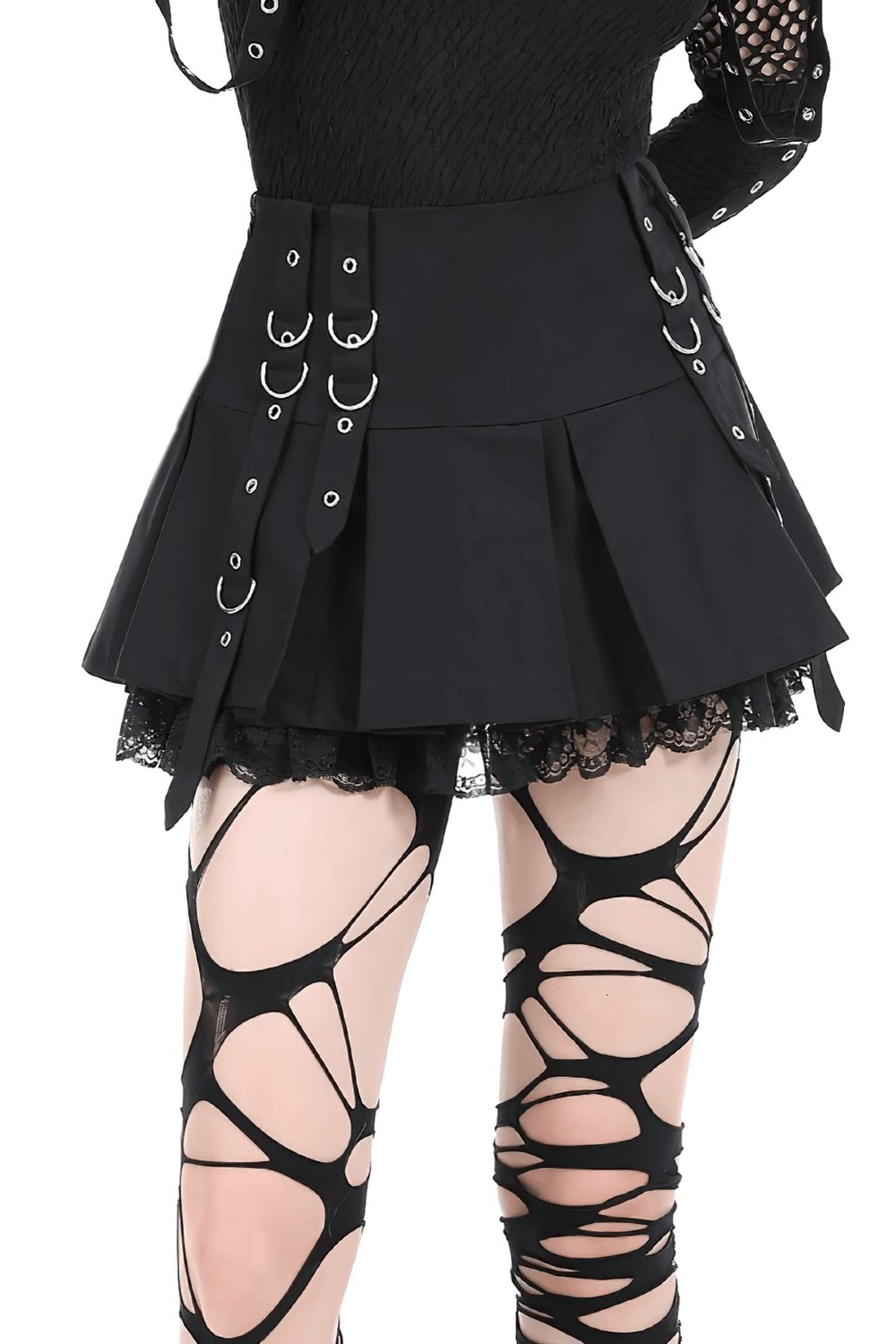 Punk Women's Mini Skirt with Lace Trim and O-Rings