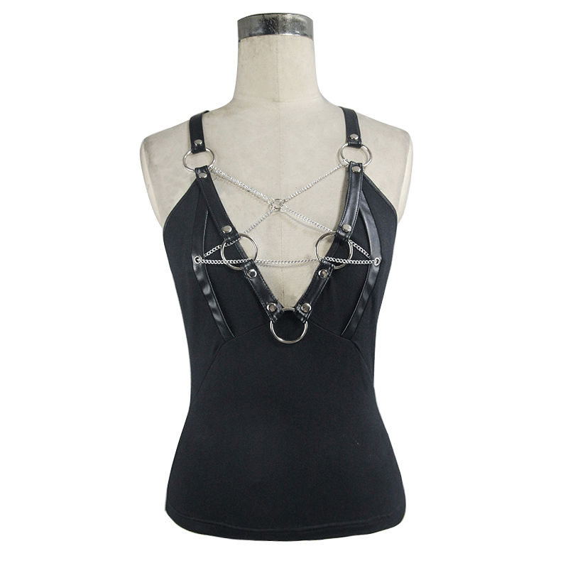 Punk Women's Slightly Elastic Camisole With Pentagram / Ladies Deep V Neck Black Camis with Chain