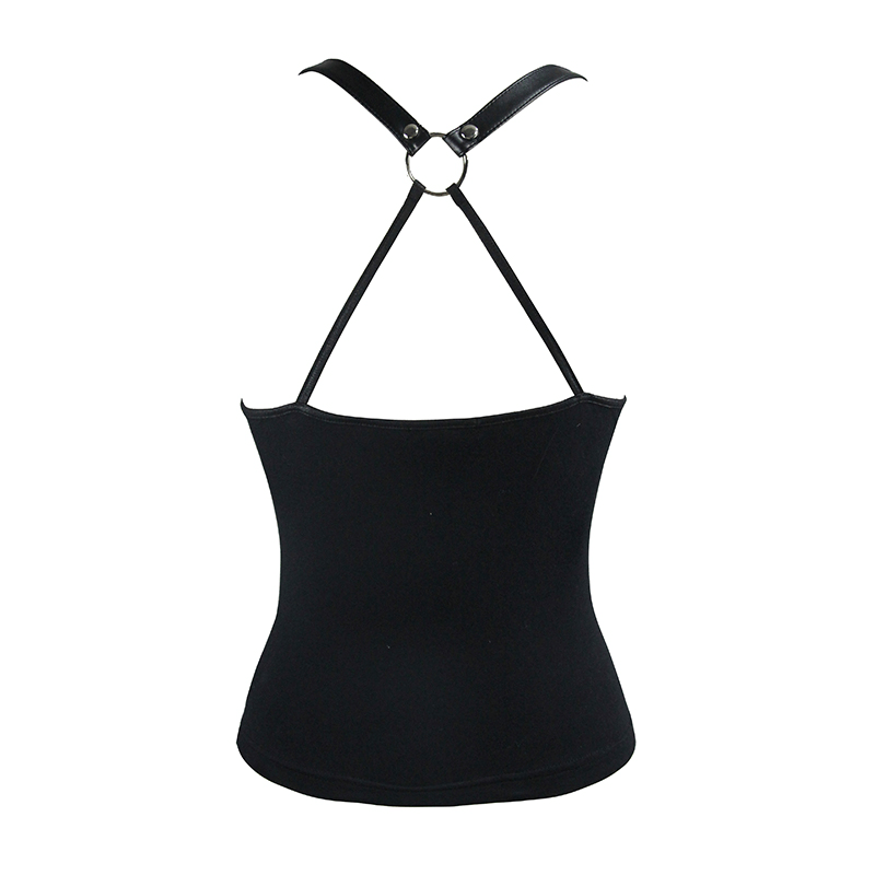 Punk Women's Slightly Elastic Camisole With Pentagram / Ladies Deep V Neck Black Camis with Chain