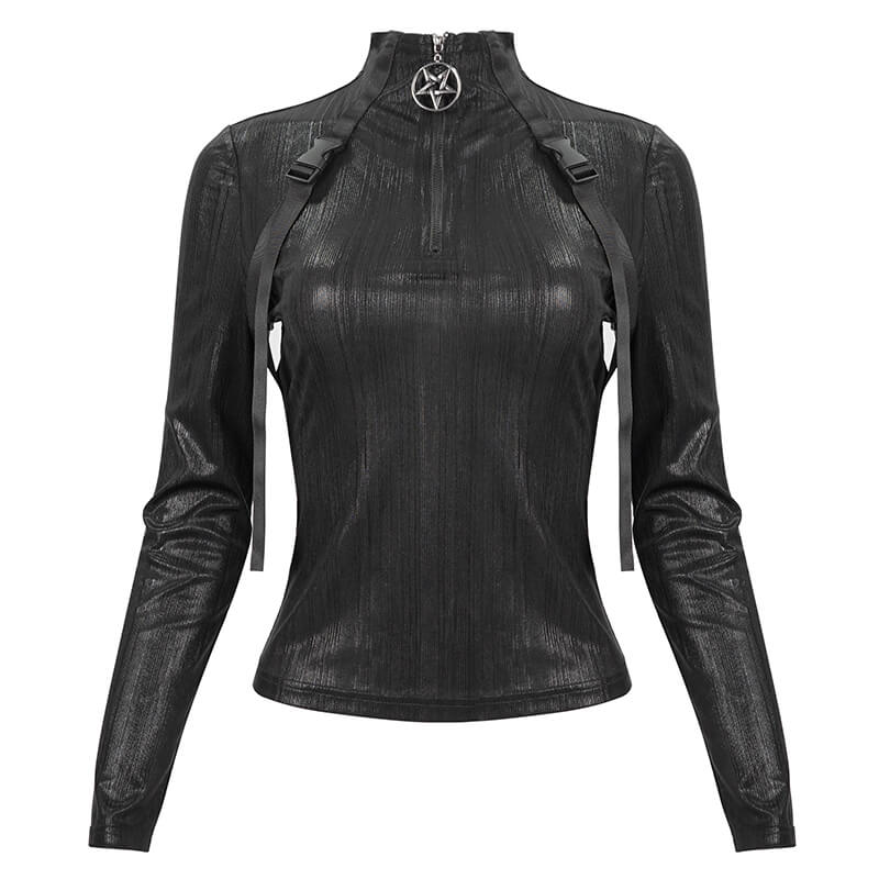 Punk Women's Stand Collar Long Sleeve Top with Belt / Stunning Black Tops Zip With Metal Pentagram