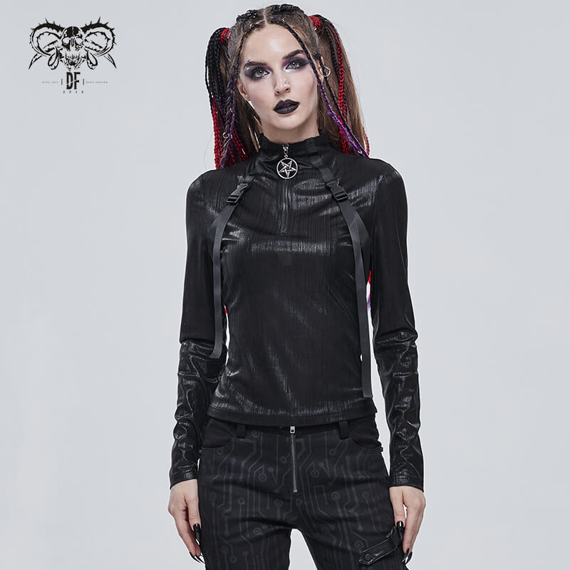 Punk Women's Stand Collar Long Sleeve Top with Belt / Stunning Black Tops Zip With Metal Pentagram