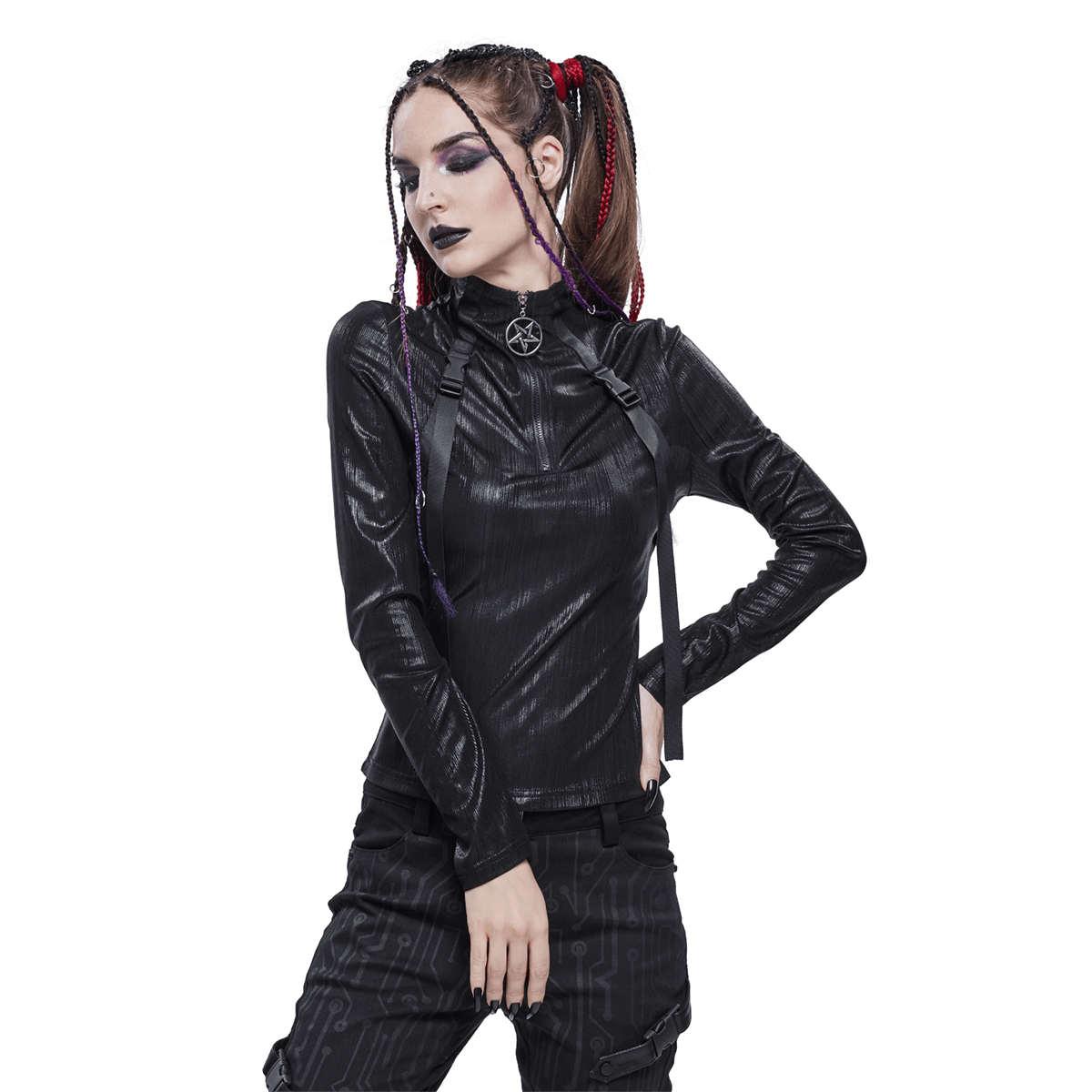 Punk Women's Stand Collar Long Sleeve Top with Belt / Stunning Black Tops Zip With Metal Pentagram