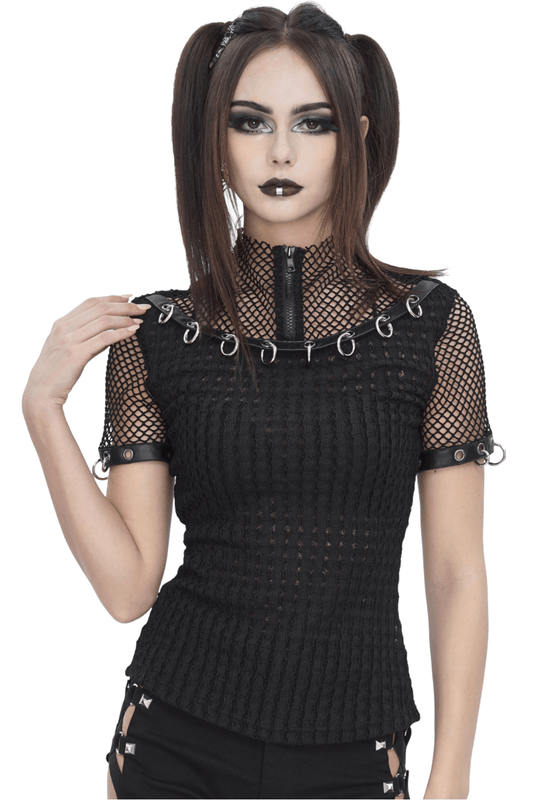 Punk Women's Zip-Up Mesh T-shirt with O-rings on Sleeves