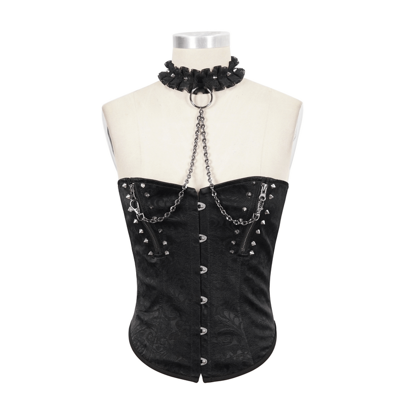 Punk Zipper Corset With Chain / Fashion Sexy Ruffled Collar Corset With Rivets