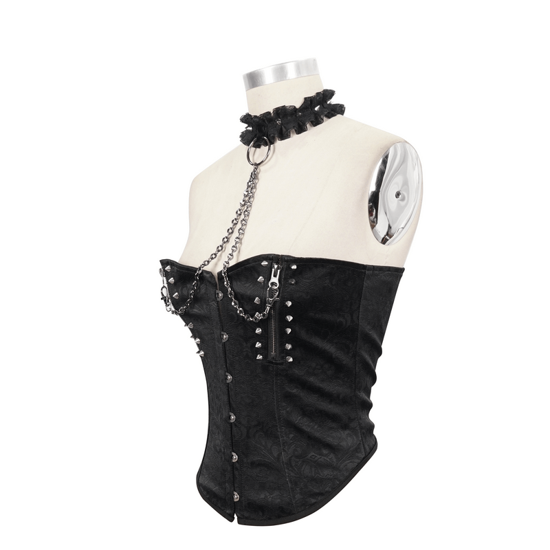 Punk Zipper Corset With Chain / Fashion Sexy Ruffled Collar Corset With Rivets