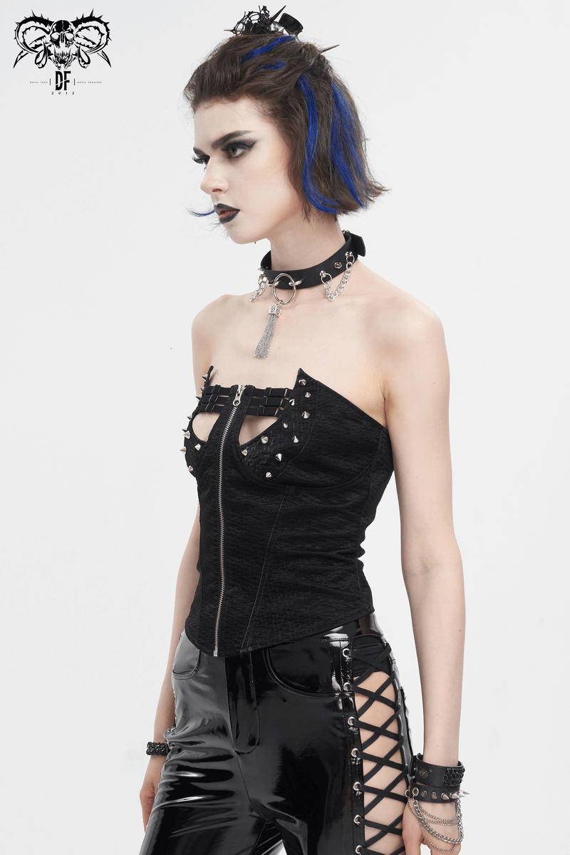 Punk Zipper Front Overbust Corset / Women's Rivets Top With Lace Up Back