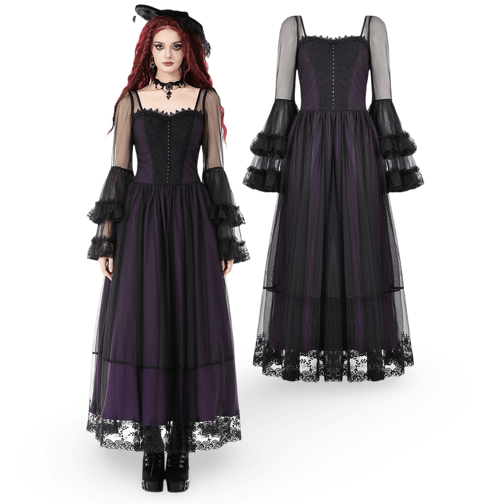 Purple and Black Gothic Mesh Dress with Lace Sleeves