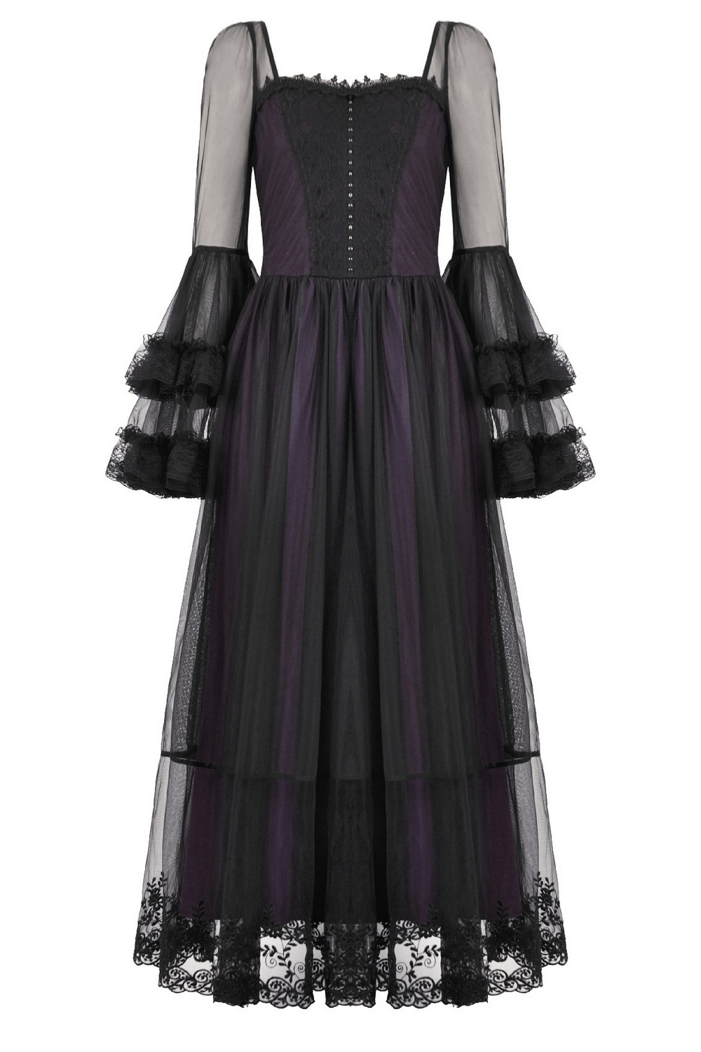 Purple and Black Gothic Mesh Dress with Lace Sleeves