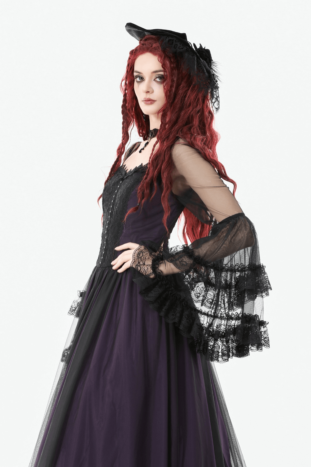 Purple and Black Gothic Mesh Dress with Lace Sleeves