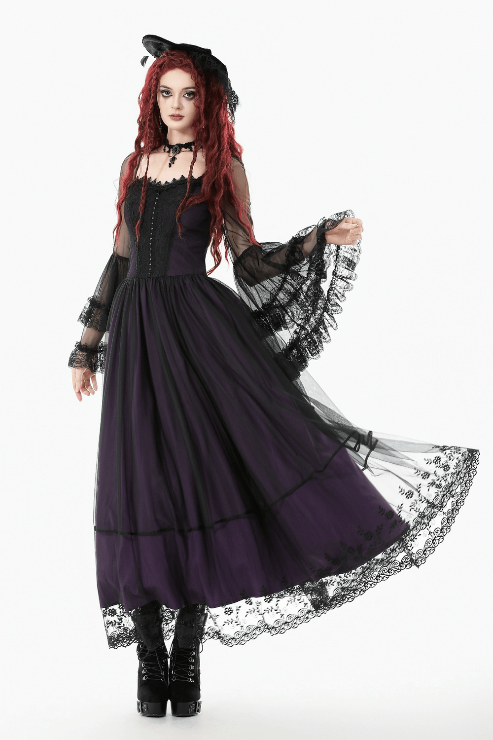 Purple and Black Gothic Mesh Dress with Lace Sleeves