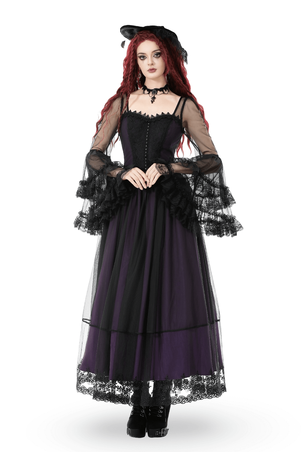 Purple and Black Gothic Mesh Dress with Lace Sleeves