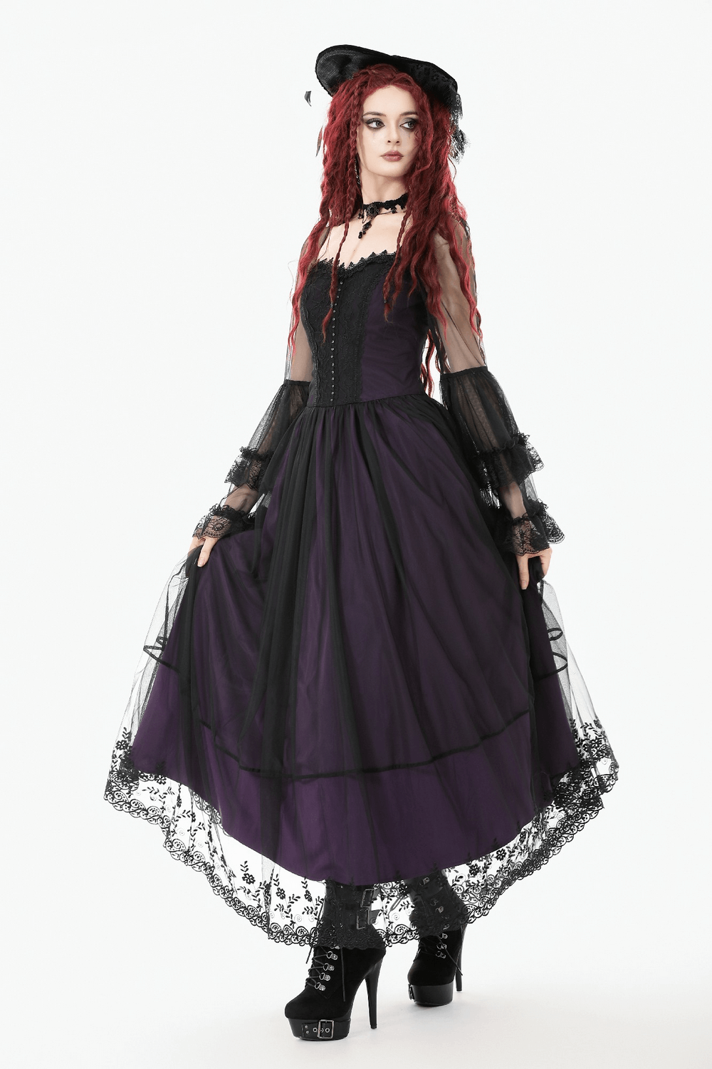 Purple and Black Gothic Mesh Dress with Lace Sleeves