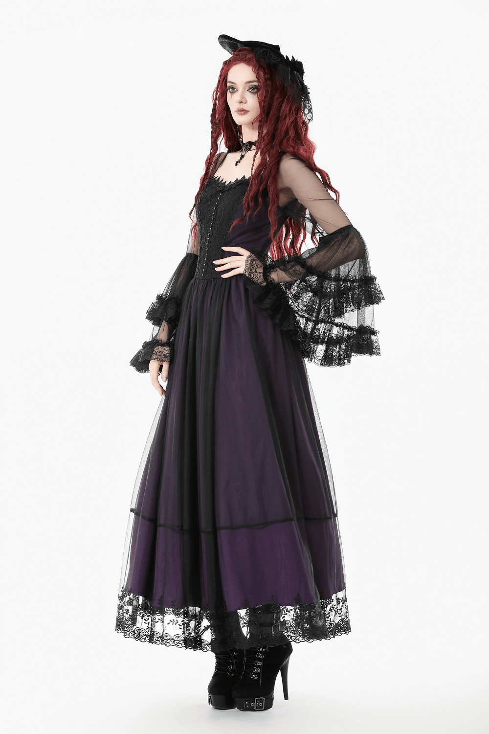 Purple and Black Gothic Mesh Dress with Lace Sleeves
