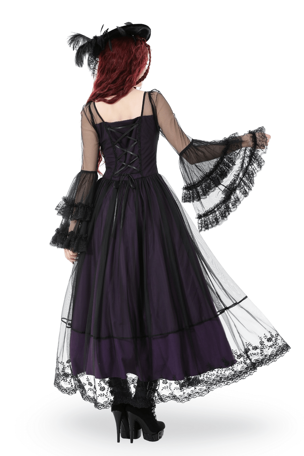 Purple and Black Gothic Mesh Dress with Lace Sleeves
