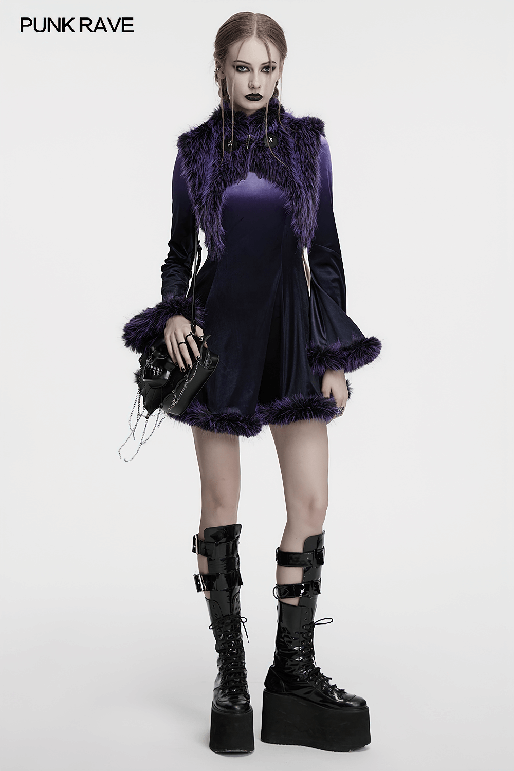 Purple Gothic Velvet Dress with Gradient Fur Trim