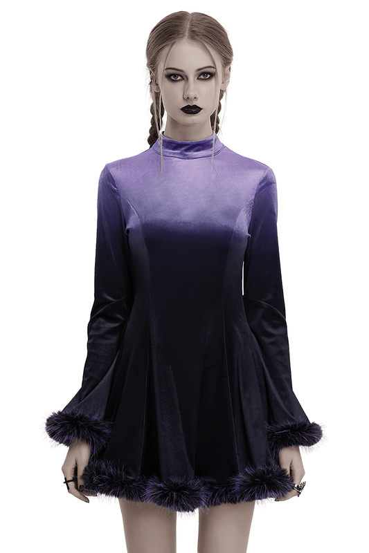 Purple Gothic Velvet Dress with Gradient Fur Trim