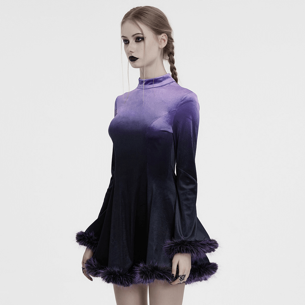 Purple Gothic Velvet Dress with Gradient Fur Trim