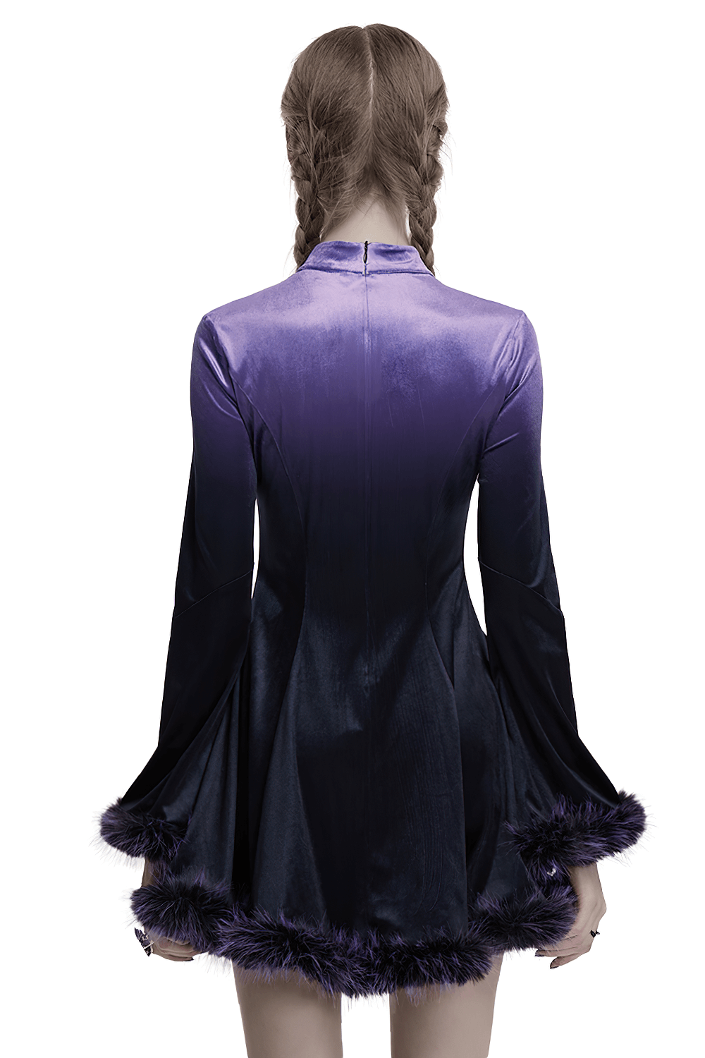 Purple Gothic Velvet Dress with Gradient Fur Trim