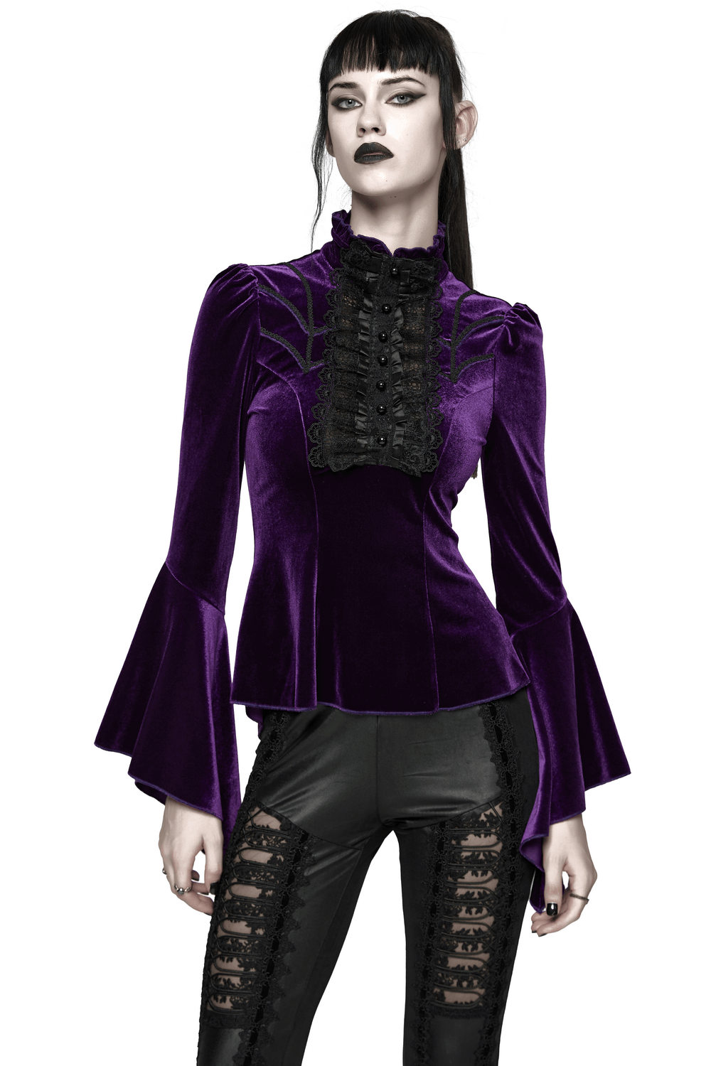 Purple Gothic Velvet Top with Lace and Flared Sleeves