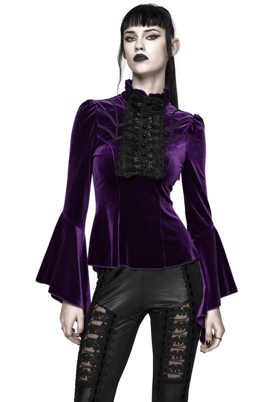Purple Gothic Velvet Top with Lace and Flared Sleeves
