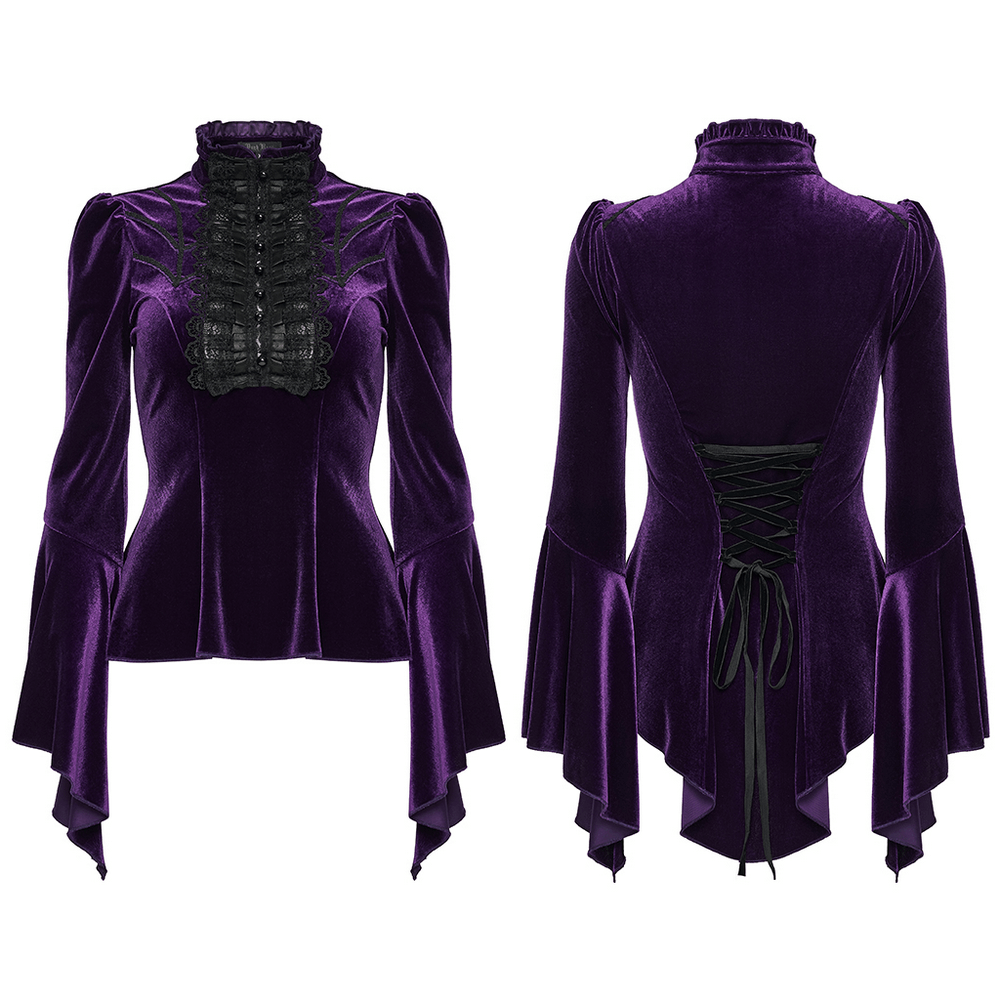 Purple Gothic Velvet Top with Lace and Flared Sleeves