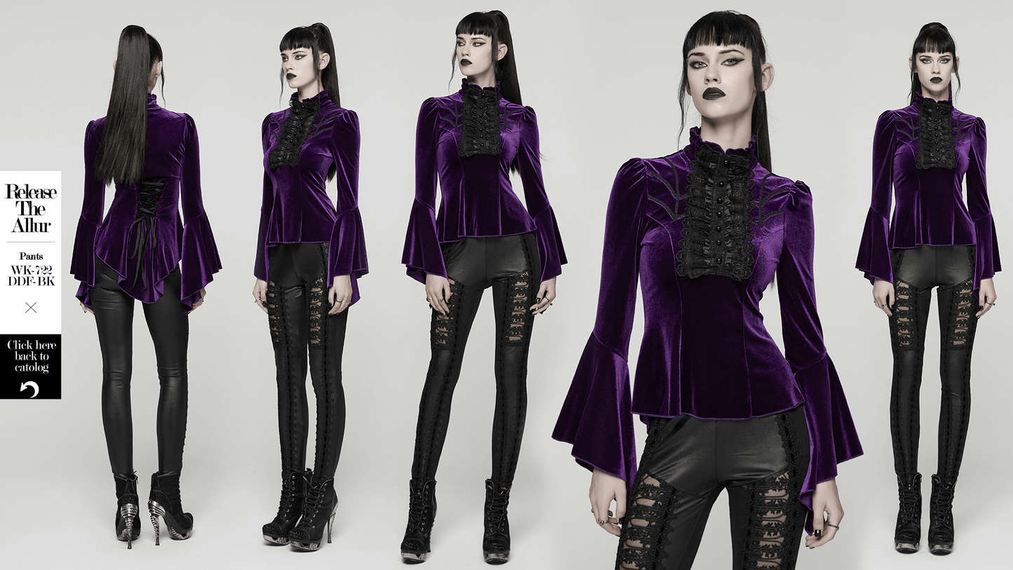Purple Gothic Velvet Top with Lace and Flared Sleeves
