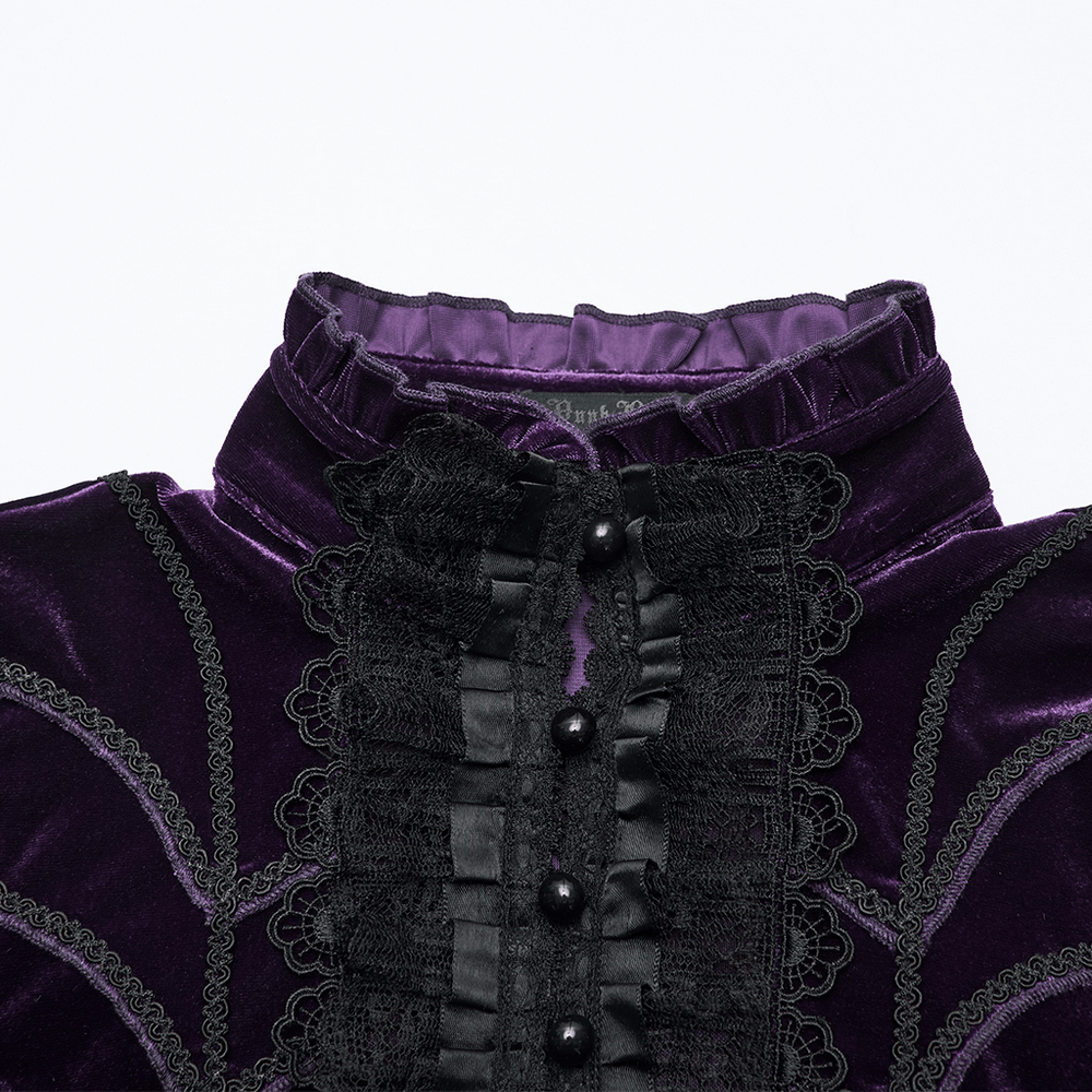Purple Gothic Velvet Top with Lace and Flared Sleeves