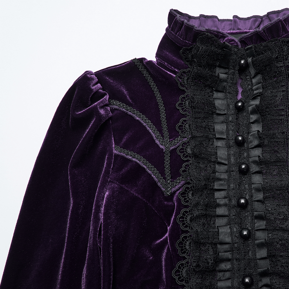 Purple Gothic Velvet Top with Lace and Flared Sleeves