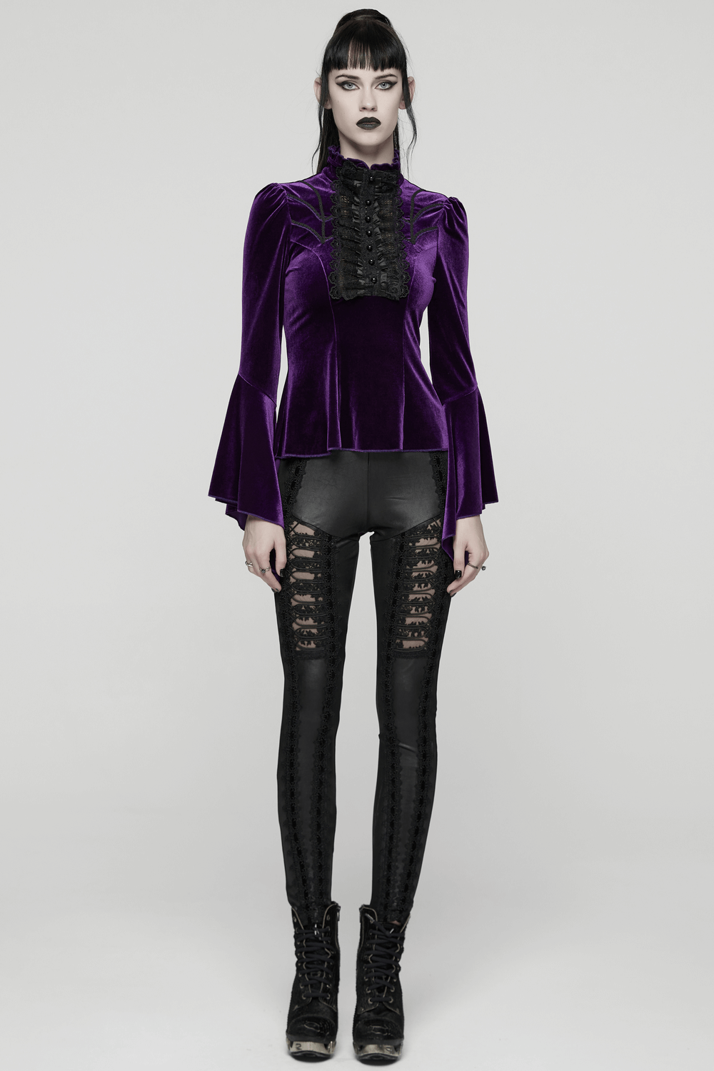 Purple Gothic Velvet Top with Lace and Flared Sleeves