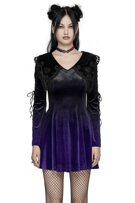 Purple Gradient Velvet Gothic Dress with Lace Details