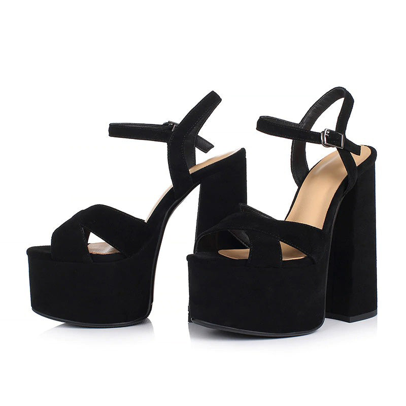 Genuine Leather Women's Shoes / Sexy Heel Platform Black Sandals