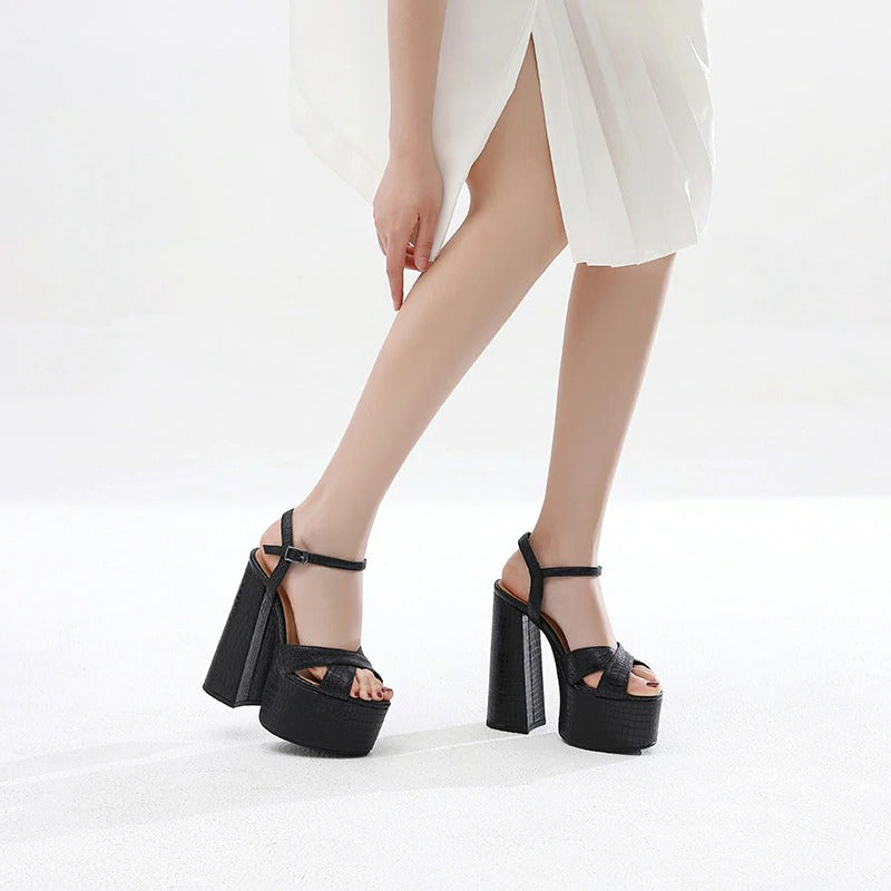 Genuine Leather Women's Shoes / Sexy Heel Platform Black Sandals