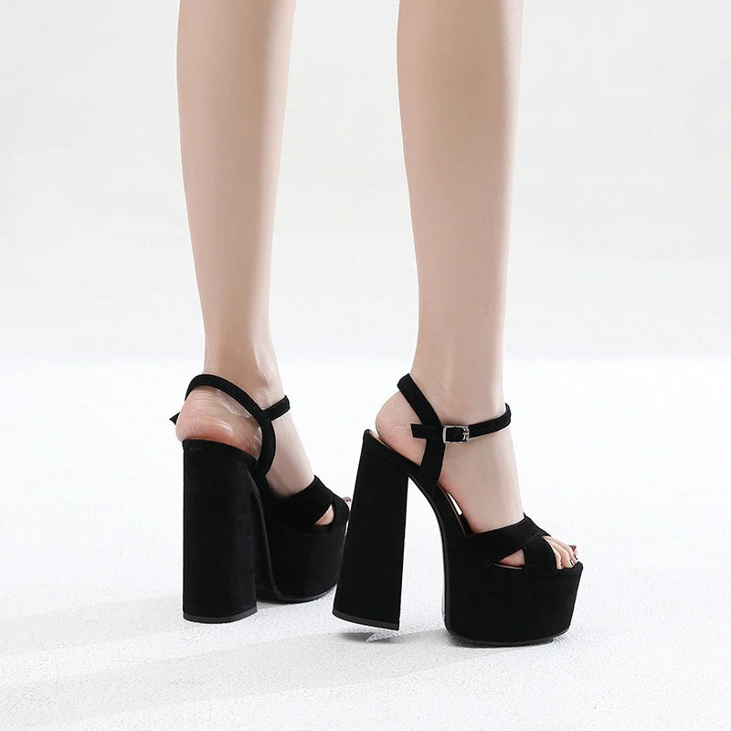 Genuine Leather Women's Shoes / Sexy Heel Platform Black Sandals