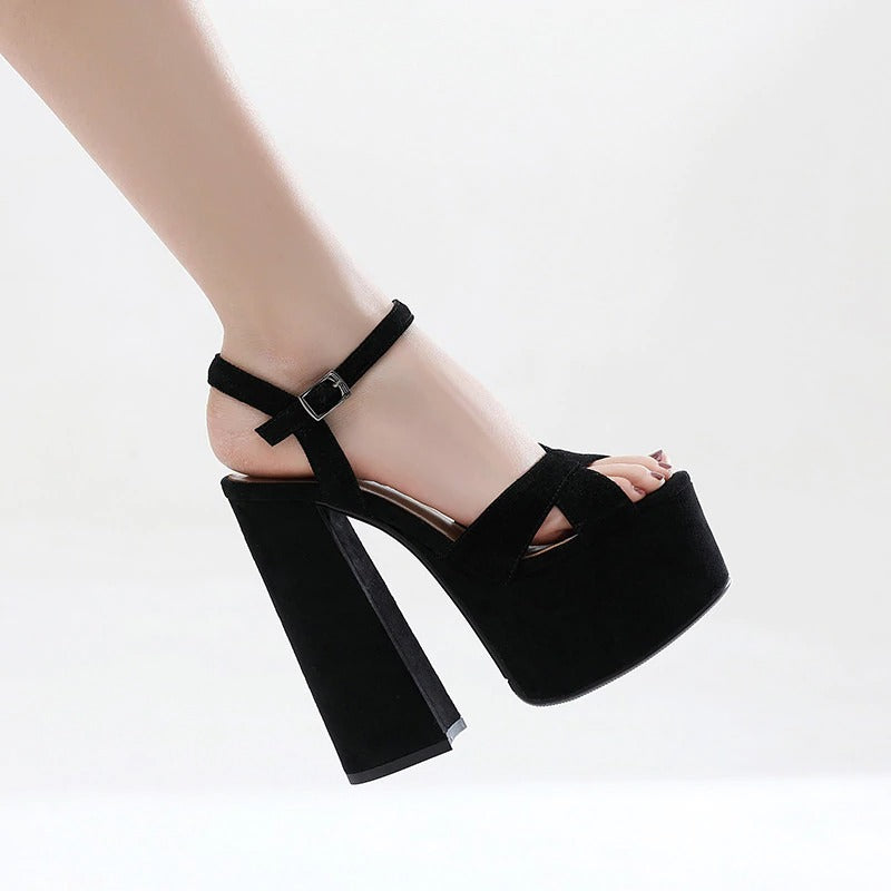 Genuine Leather Women's Shoes / Sexy Heel Platform Black Sandals