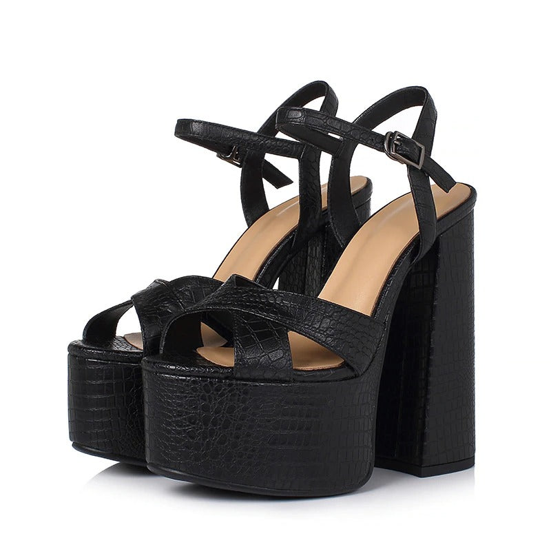 Genuine Leather Women's Shoes / Sexy Heel Platform Black Sandals