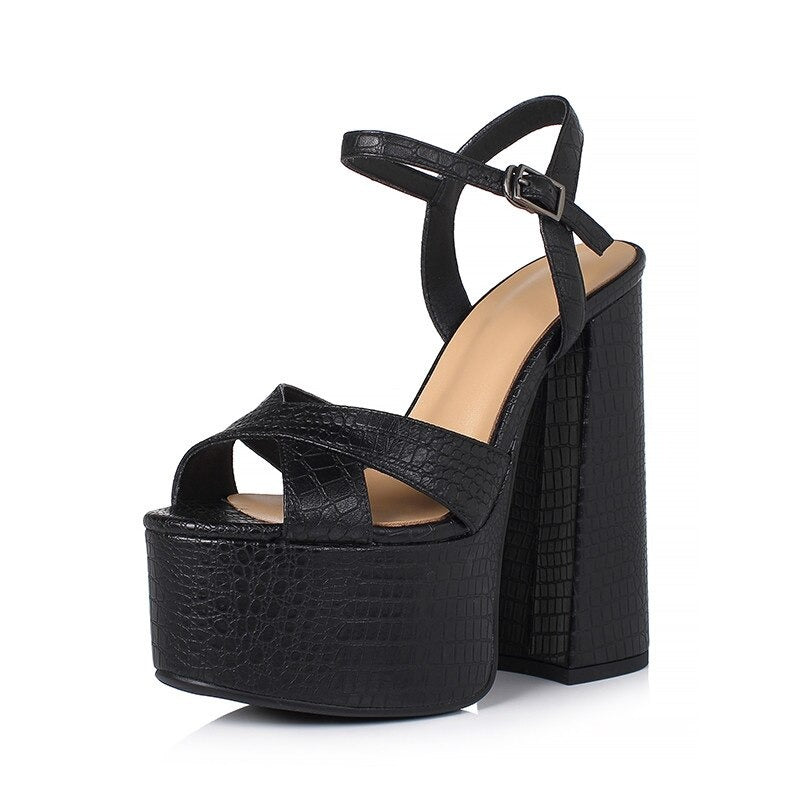 Genuine Leather Women's Shoes / Sexy Heel Platform Black Sandals