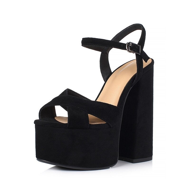 Genuine Leather Women's Shoes / Sexy Heel Platform Black Sandals