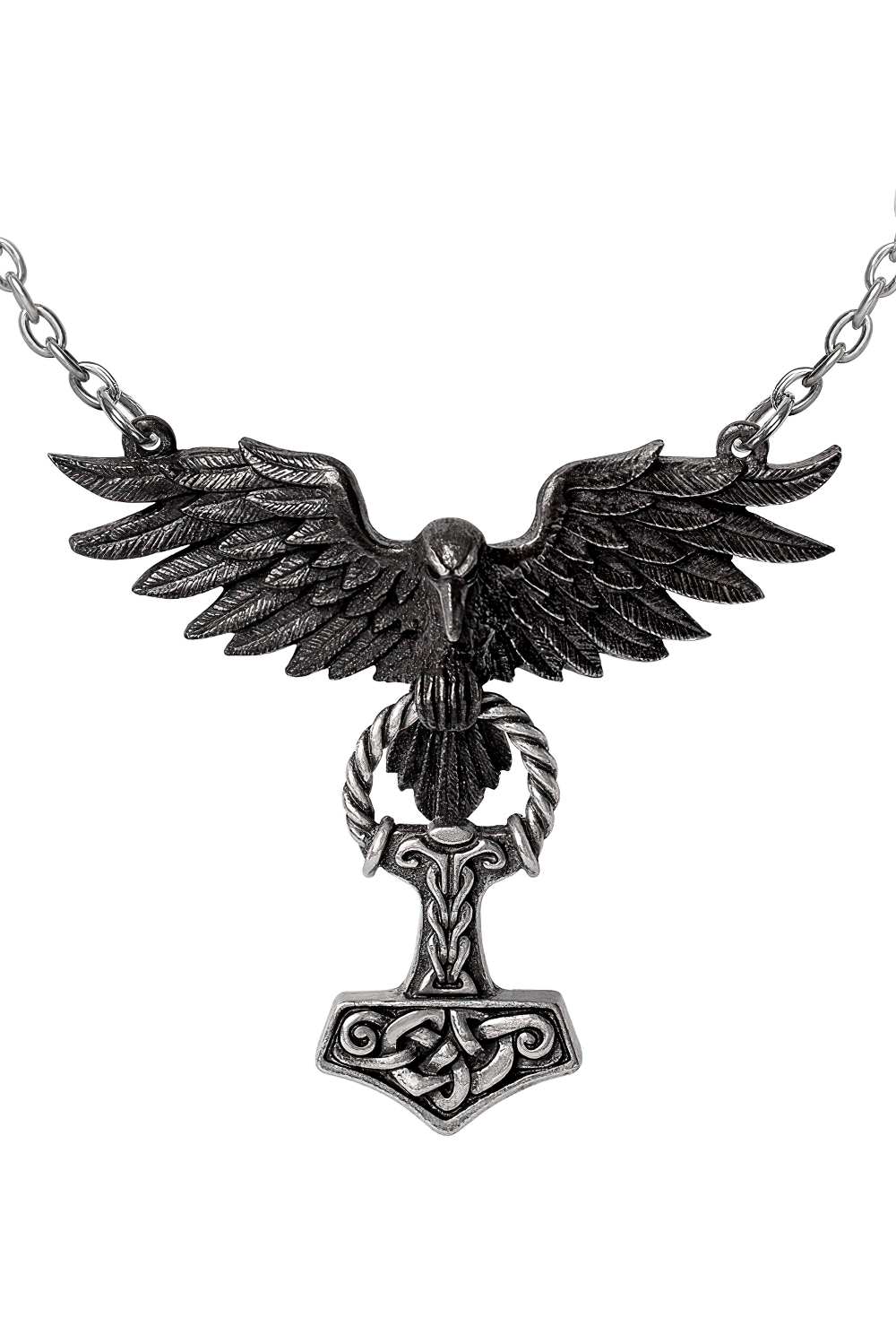 Raven and Thor's Hammer Pendant Necklace in Pewter