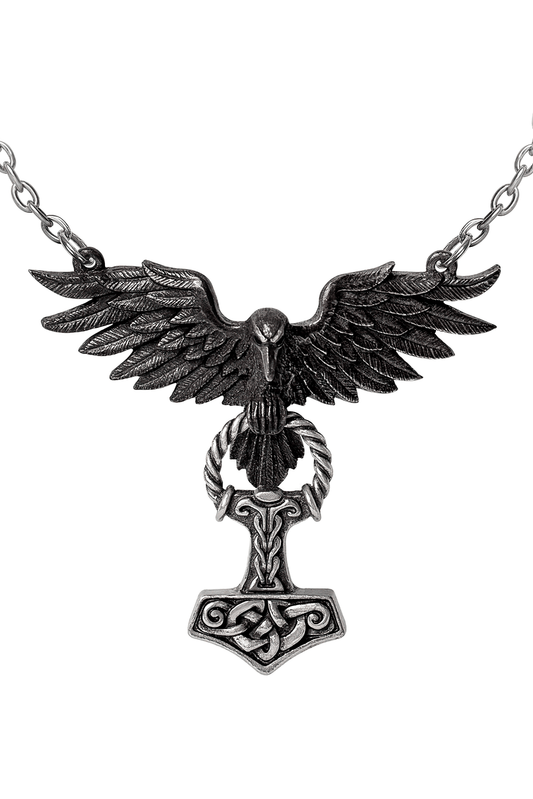 Raven and Thor's Hammer Pendant Necklace in Pewter