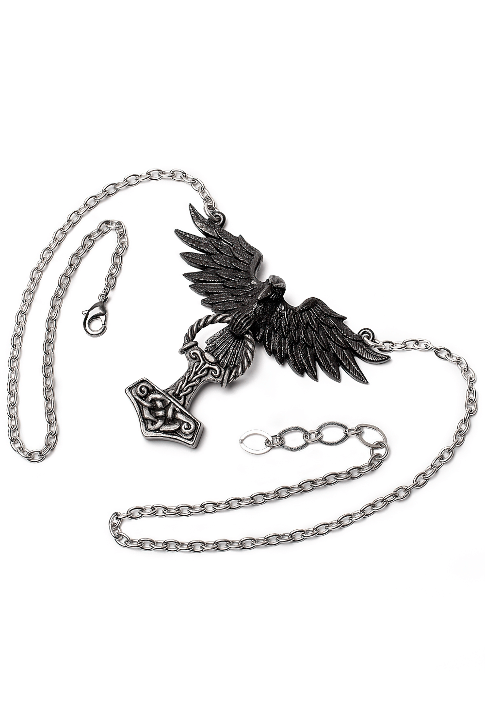 Raven and Thor's Hammer Pendant Necklace in Pewter