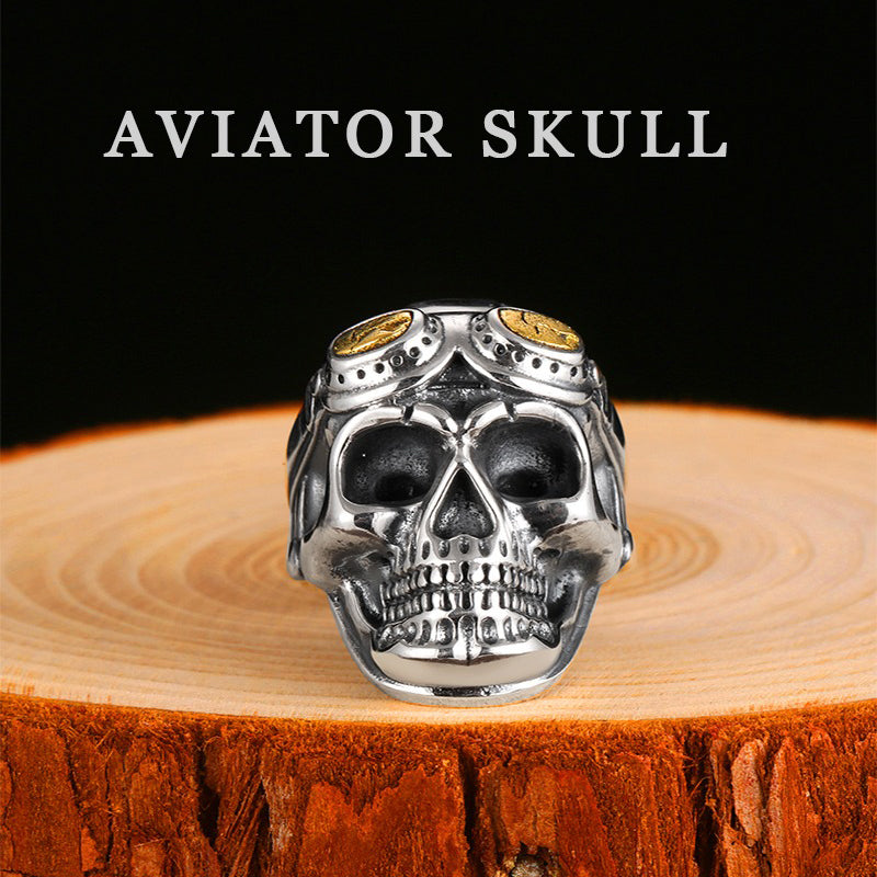 925 Silver Aviator Skull Adjustable Ring For Men and Women / Big Heavy Vintage Ring / Biker Jewelry