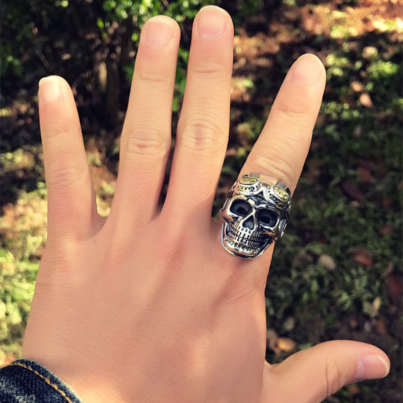 925 Silver Aviator Skull Adjustable Ring For Men and Women / Big Heavy Vintage Ring / Biker Jewelry