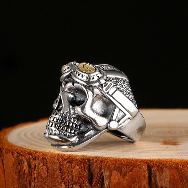 925 Silver Aviator Skull Adjustable Ring For Men and Women / Big Heavy Vintage Ring / Biker Jewelry