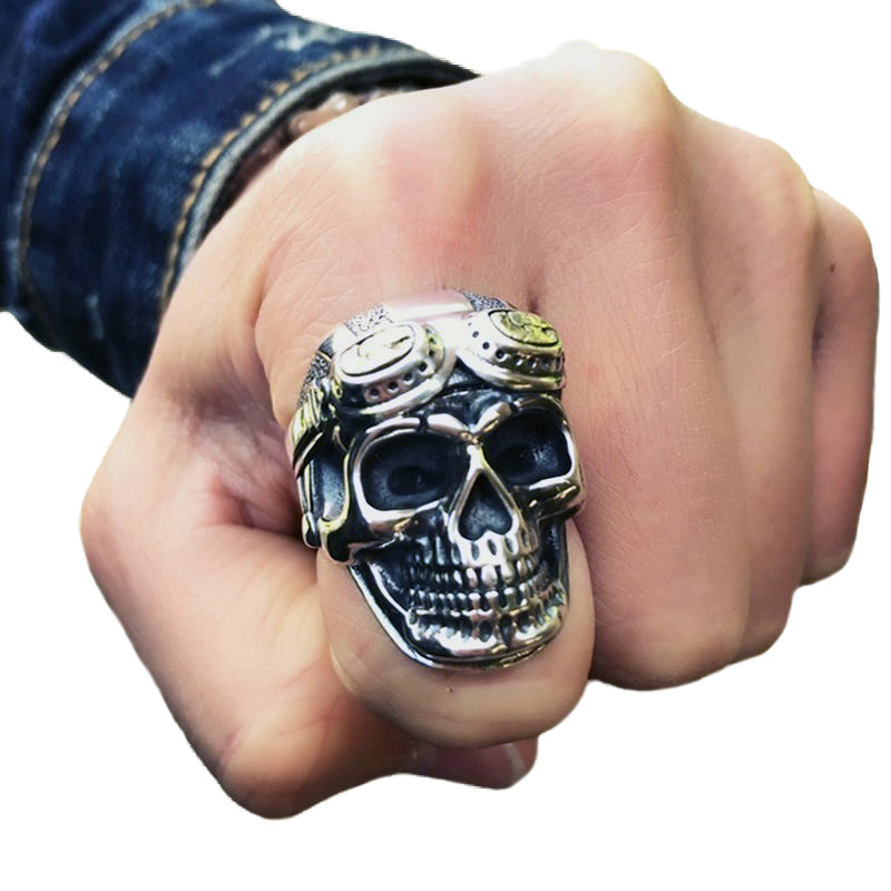 925 Silver Aviator Skull Adjustable Ring For Men and Women / Big Heavy Vintage Ring / Biker Jewelry