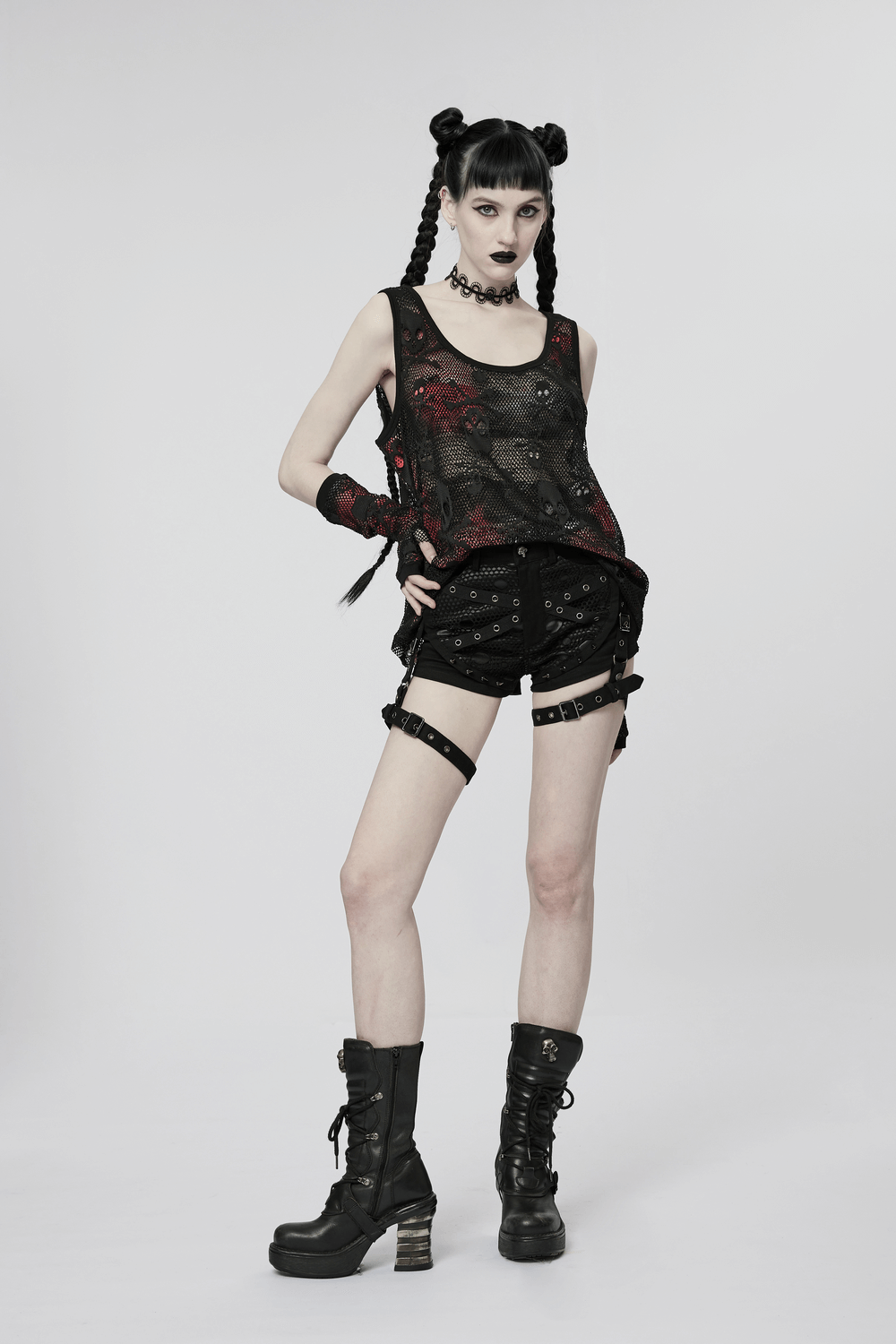 Rebel Skull Mesh Overlay Tank and Fingerless Gloves Set