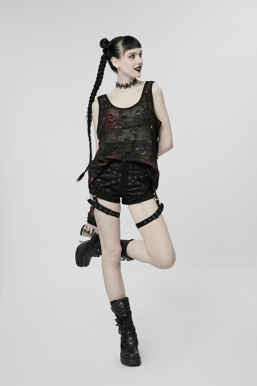 Rebel Skull Mesh Overlay Tank and Fingerless Gloves Set