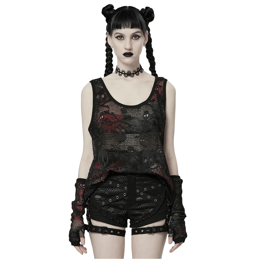 Rebel Skull Mesh Overlay Tank and Fingerless Gloves Set