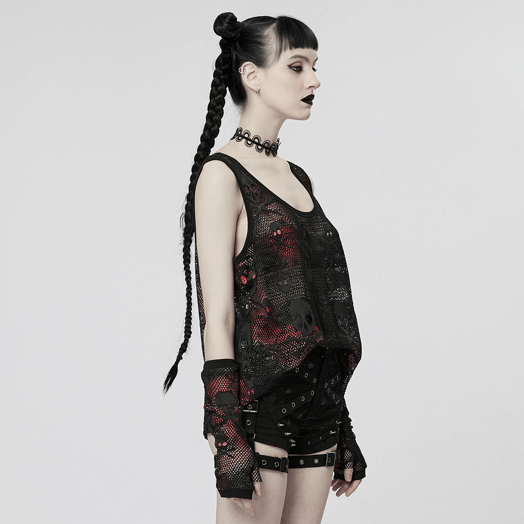 Rebel Skull Mesh Overlay Tank and Fingerless Gloves Set