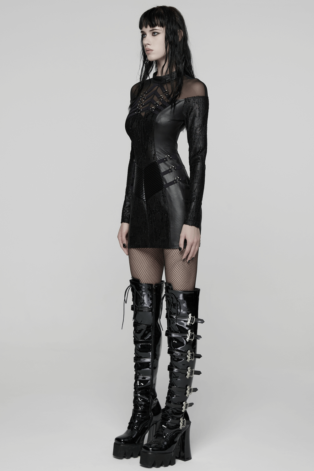 Rebellious Punk Dress with Fish Scale and Mesh Detailing